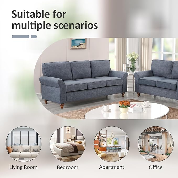 EBELLO Modern Linen Fabric Loveseat Sofa Upholstered 2-seat Sofa Couch Wood Frame and Sturdy Legs for Living Room Bedroom Office Dark Blue