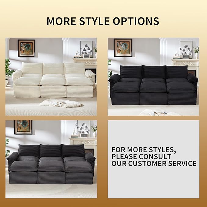 Modular 2-in-1 Sofa Bed &amp Ottoman Set - Corduroy Boneless Cloud-Like Living Room (Black Sofa Bed-3 Seaters+3 Ottomans)