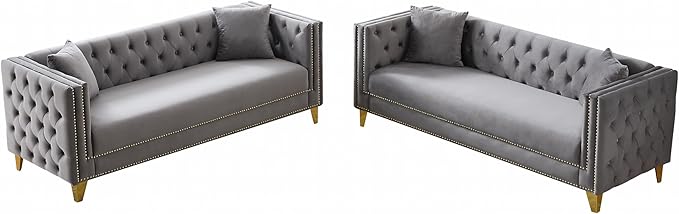 DEINPPA 2 Piece Chesterfield Couch Sets Velvet 3 Seater Sofa Set with Throw Pillows Comfy Couch with Nailhead Trim and Metal Legs for Living Room/Apartment/Office-Grey