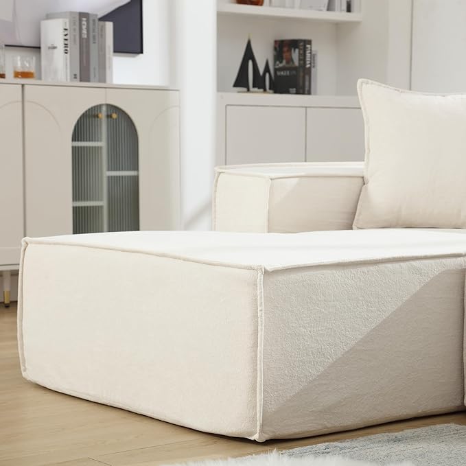 129.5'' Towelling Fabric L-Shaped Modular Sectional Sofa Tofu Block Floor Sofa with 3 Pillows for Living Room (Beige Left-Hand Facing)