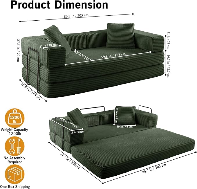 81'' Futon Sofa Bed Folding Floor Couch Bed Corduroy Fabric Boneless Couch Compressed Boneless Sofa in a Box Comfy Sleeper for Living Room-Green