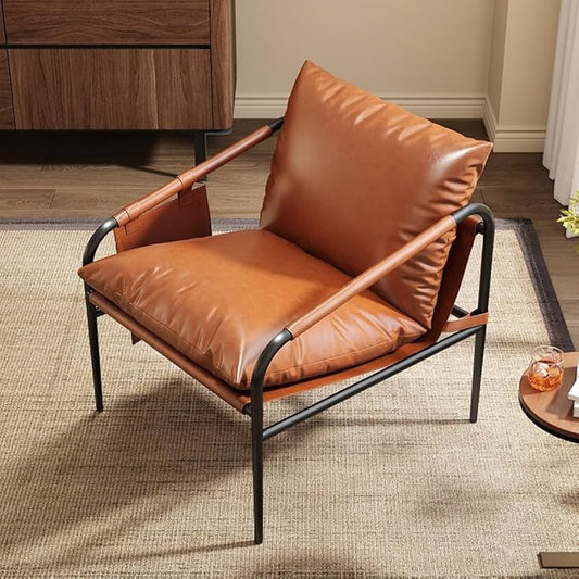 homary Brown Leather Accent Chair for Living Room Modern Armchair with Metal Frame Padded Arms Side Pockets &amp Soft Supportive Cushion Comfortable Reading Chair for Bedroom or Office