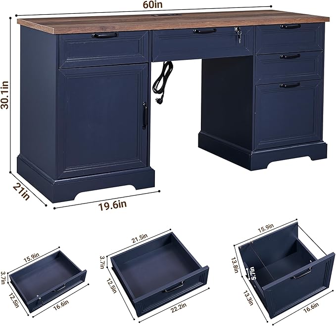 60 Farmhouse Executive Desk with Charging StationHome Office Desk with 4 Drawers &amp 1 Cabinet&amp1 File CabinetMain Drawer with LockWood Desk for Office and Home