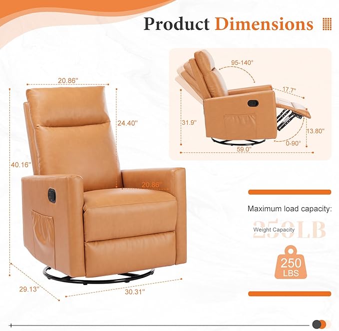 Sweetcrispy Recliner Chair 360 Swivel Rocker Chair for Adults Glider Rocker Recliners Nursery Chairs for Living Room High Back Upholstered Deep Seat Classical Brown