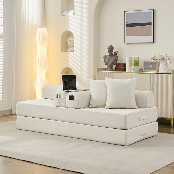 3 in 1 Convertible Futon Sofa Bed Modern King Size Chenille Loveseat Sleeper Sofa Folding 3-Seater Foldable Lounger Couch Bed for Living Room Bedroom Guest Room (Beige 3 Throw Pillows)