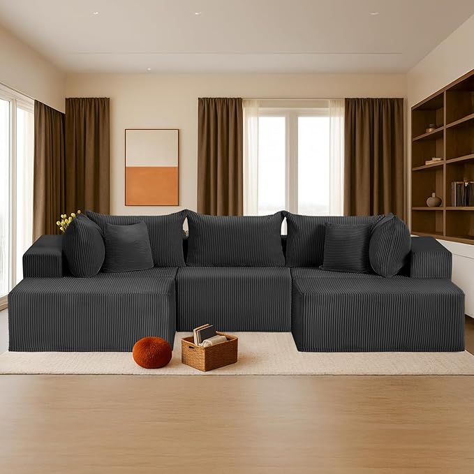 104 Cloud Couch Sectional U Shaped Boneless Couches for Living Room Corduroy Modern Modular Sectional Sofa No Assembly Required (Grey U-Shaped)