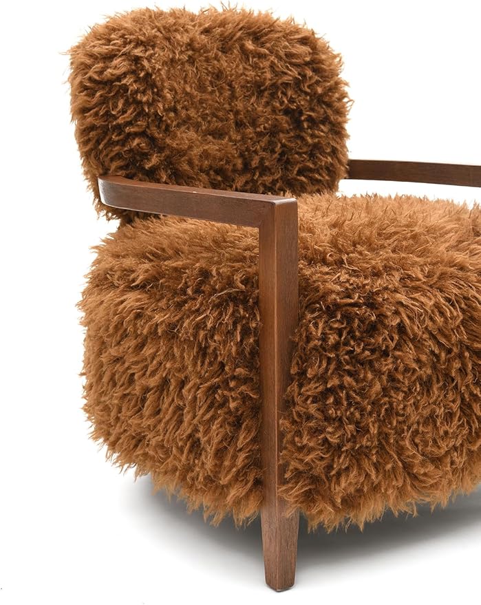Modern Luxury Reading Chair with Wooden HandrailComfortable Faux Fur Side Chair Accent Chair for ApartmentLiving RoomOfficeStudyCamel+Brown