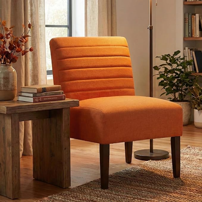 Armless Accent Chair Mid Century Modern Upholstered Living Room Chairs Accent Dining Chair Sofa with Solid Wood Legs Lounge Reading Chair for Bedroom Office (Orange)