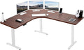VIVO Electric Height Adjustable 71 x 71 inch Curved Corner Stand Up Desk Dark Walnut Table Top White Frame Memory Controller L-Shaped Workstation E3C Series DESK-KIT-E3CWD