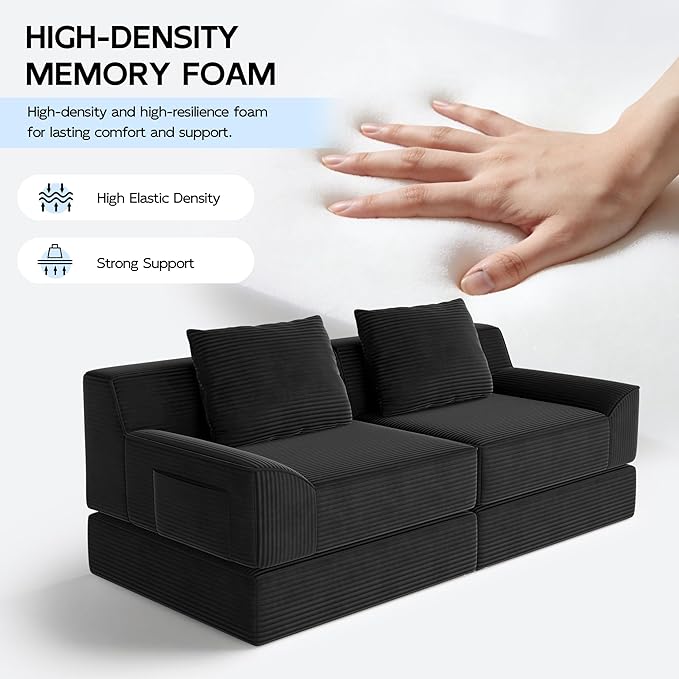 79 Convertible Sofa Bed Upholstered Boneless Couch Loveseat Sleeper with Pull Out Bed Corduroy Futon Couch Floor Folding Sofa Modular Futon Couch for Living Room Bedroom Lounge Black