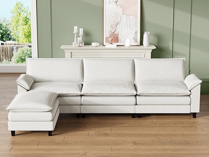 Flamaker Modular Sectional Sofa Couch Fabric Reversible L Shaped Sofa Couch Cloud Couch with Ottoman 3-Seat Sectional Sofa Couches for Living Room Apartment(White)