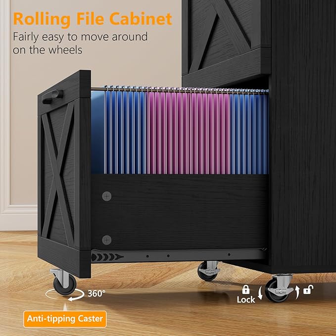 Vabches Farmhouse File Cabinet with 2 Drawers Vertical Filing Cabinet on Wheels for Letter/A4 Size Hanging Files Mobile File Cabinets Printer Stand for Home Office Black