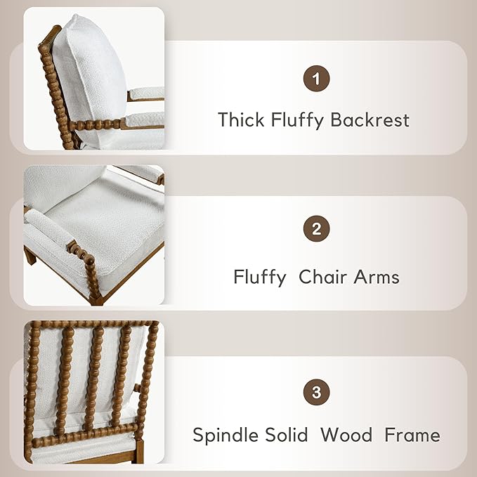 Furniture of America Dedee Mid Century Modern Boucle Fabric Accent Chair with Arms Wide Spindle and Solidwood Legs for Living Room Bedroom Reading Corner Home Office Light Oak and White
