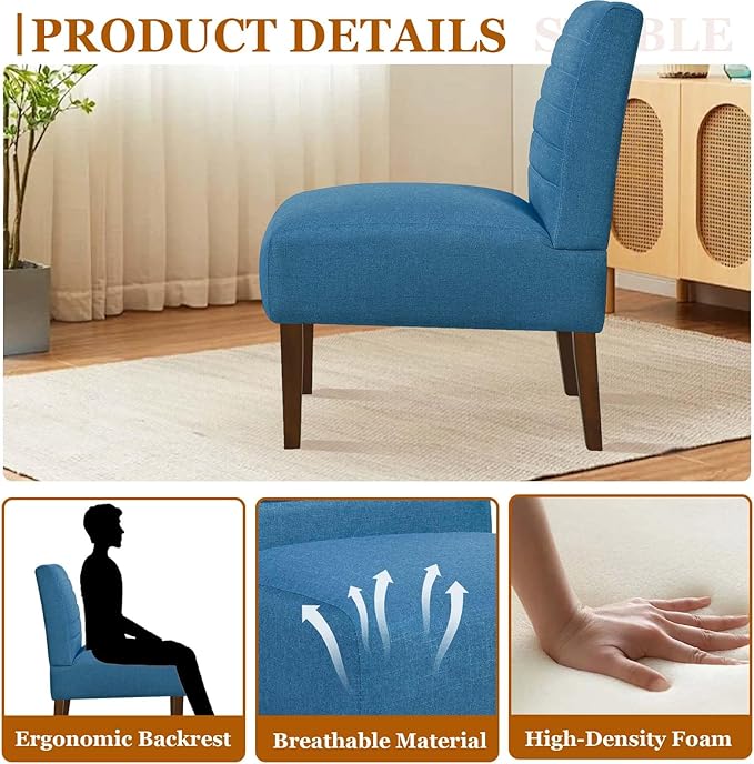 Modern Accent Chair for Living Room Upholstered Armless Slipper Chair with Back &amp Wood Legs Comfy Small Chair for Bedroom Living Room Reading Spaces Office (Blue)
