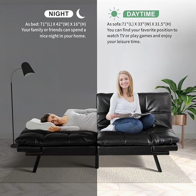 MUUEGM 71 Futon Sofa Bed Convertible Couch Filled with Memory Foam Modern Loveseat with Adjustable Backrest&ampArmrest Sofas for Living RoomGame RoomDormitoryOffice.Black Leather