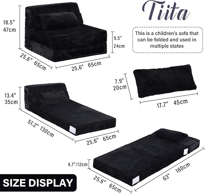 Tiita Convertible Folding Kids Sofa Bed with Pillow &amp Storage Bag Plush Fabric Floor Mattress Couch Bed Washable Cover Kids Room Playroom Dorm Apartment Black