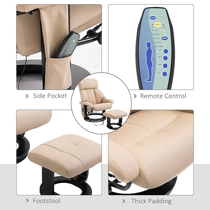 HOMCOM Massage Recliner Chair with Ottoman 360° Swivel Recliner and Footstool 10 Point Vibration PU Leather Reclining Chair with Side Pocket and Remote Control Beige