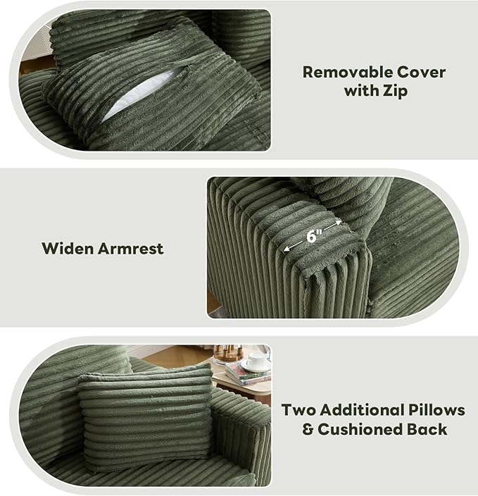Tbfit 63.4 Oversized Loveseat with Storage Ottoman Comfy Chaise Lounge Chair Indoor Corduroy Sleeper Sofa Bed Modern Upholstered Love Seat Couch for Living Room Bedroom Apartment Green | Breath