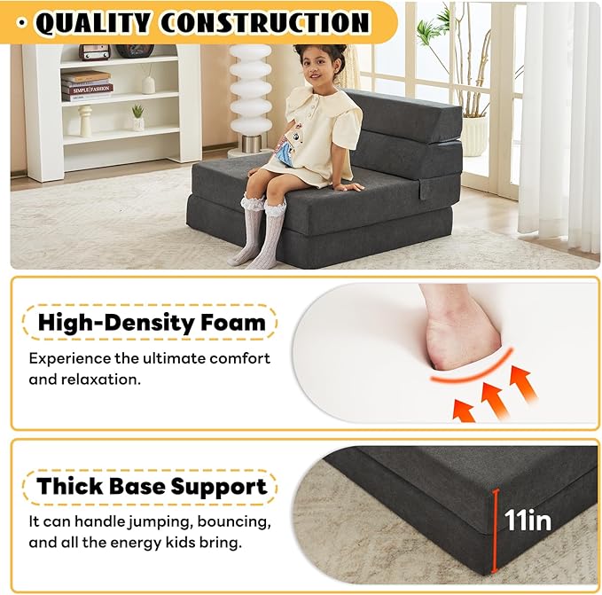 jela Foldable Sofa Bed Large Soft Foam Convertible Sleeper Chair Luxury Miss Fabric Fold Out Chair Bed Floor Couch with Back Support Floor Sofa for Living Room Bedroom (83x33Dark Gray)