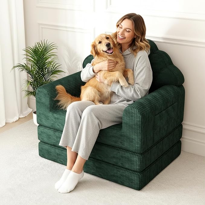 2-in-1 Folding Sofa Bed with Back Support 75 D x 34 W Convertible Futon Sleeper Chair for Adult Fold Out Bean Bag Floor Foam Lounger Couch for Living Room Bedroom Small Space Olive Green