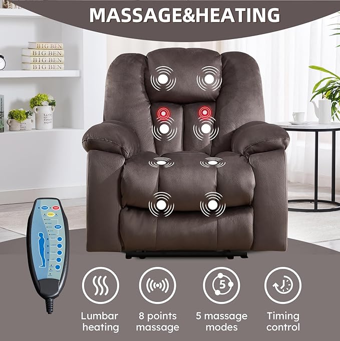 CANMOV Manual Recliner Sofa Set-Soft Fabric Reclining Living Room Sets Single Chair and Love Seating Massage Heated Recliner Couch with Cup HoldersSide Pocket for Adults Elderly Dark Brown