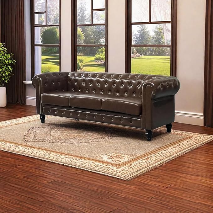 88.2 PU Leather Upholstered Chesterfield Couch Modern 3 Seater Sofa with Tufted Back and Square Arms Nailhead Sofa for Living Room/Office/Apartment/Small Space Black