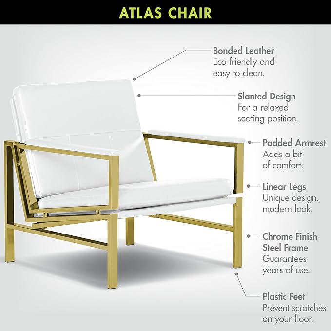 Atlas Modern Accent Chair in Blended Leather Gold Chrome/White