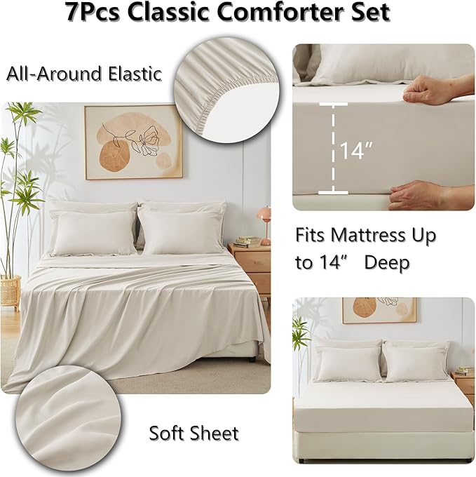 CozyLux King Size Comforter Set Beige - 7 Pieces Bed in a Bag King Luxury Soft Bed Set for All Seasons Bedding Set with Down Alternative Comforter Sheets Pillowcases &amp Shams
