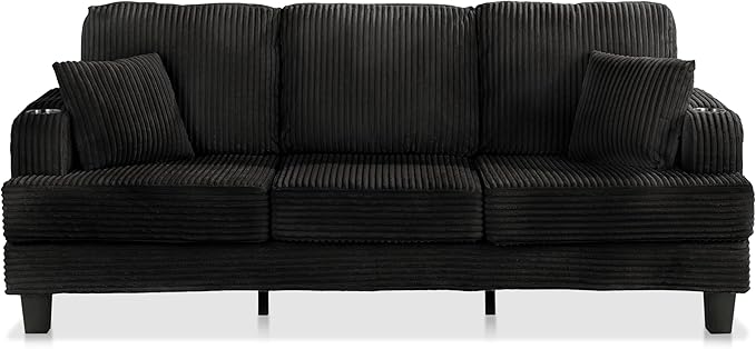 Homes: Inside + Out Reese Modern Plush Chenille Couch with Side Pockets Cup Holders and USB Ports Wooden Comfortable Sofa for Living Room Bedroom and Office Black