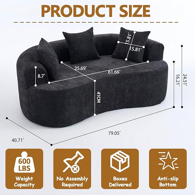 Luxury 80” Curved Loveseat Sofa Chenille Curved Couch with 2 Big Pillows &amp Extra Wide Armrests Comfy Upholstered Oversized Loveseat Couch &amp Sofa for Living Room (Black 80 Inches)