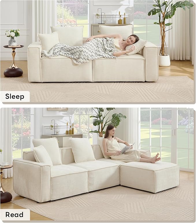 Tbfit Modular Sectional Sofa Set Chenille Cloud Couch with Wide Armrests &amp 8 Pillows Deep Seat Couches for Living Room 6-Seater Beige