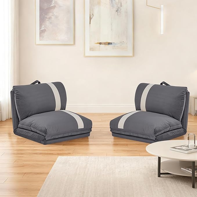 Folding Sofa Bed Set of 2 Convertible Floor Sofa with 6-Position Adjustable Backrest Metal Frame and Handle Futon Floor Couch for Dorm Bedroom Apartment Dark Gray
