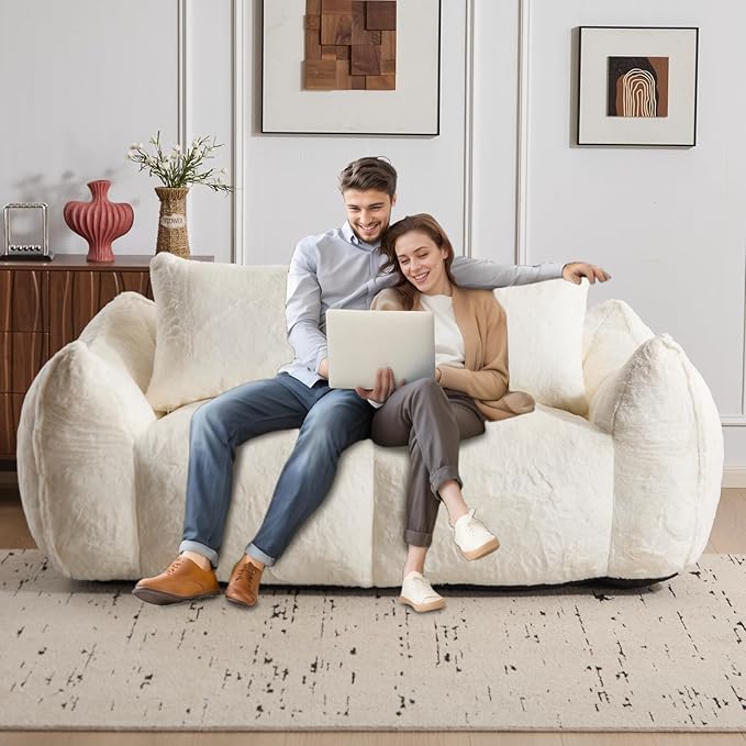 Loveseat Bean Bag Couch for Adults Soft Fluffy Giant Bean Bag Sofa Oversized Boneless Compressed Sofa Couch in a Box for Living Room Bedroom Apartment No Assembly (White)