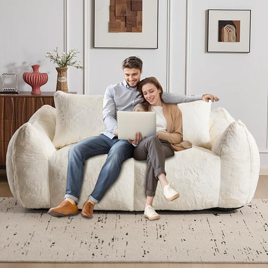 Loveseat Bean Bag Couch for Adults Soft Fluffy Giant Bean Bag Sofa Oversized Boneless Compressed Sofa Couch in a Box for Living Room Bedroom Apartment No Assembly (White)