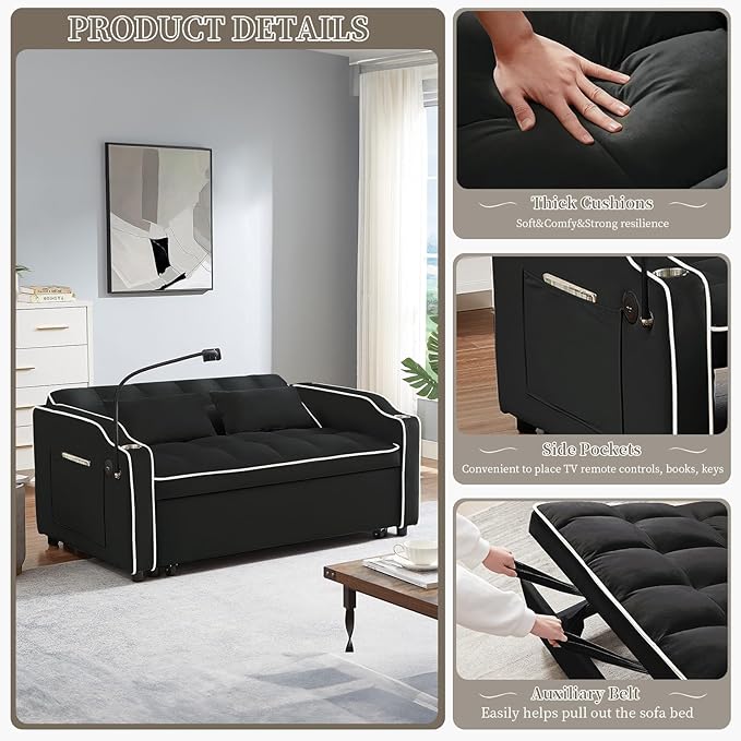 JEEOEHY 3 in 1 Convertible Sleeper Sofa BedVelvet Pull Out Couch Bed w USB&ampType C PortComfy Futon Loveseat w Adjustable Backrest&ampPhone Stand&ampCup Holder for Living Room Apartment Small Sp