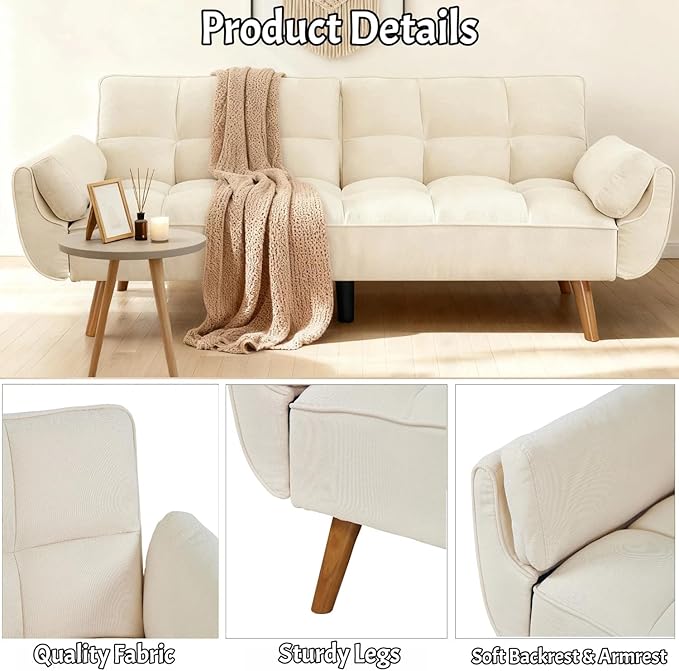 Convertible Futon Sofa Bed Modern Futon Couch with 2 Pillows Small Futons Couch with Adjustable Armrest &amp Backrest Loveseat Sofa Bed for Living Room Bedroom Beige
