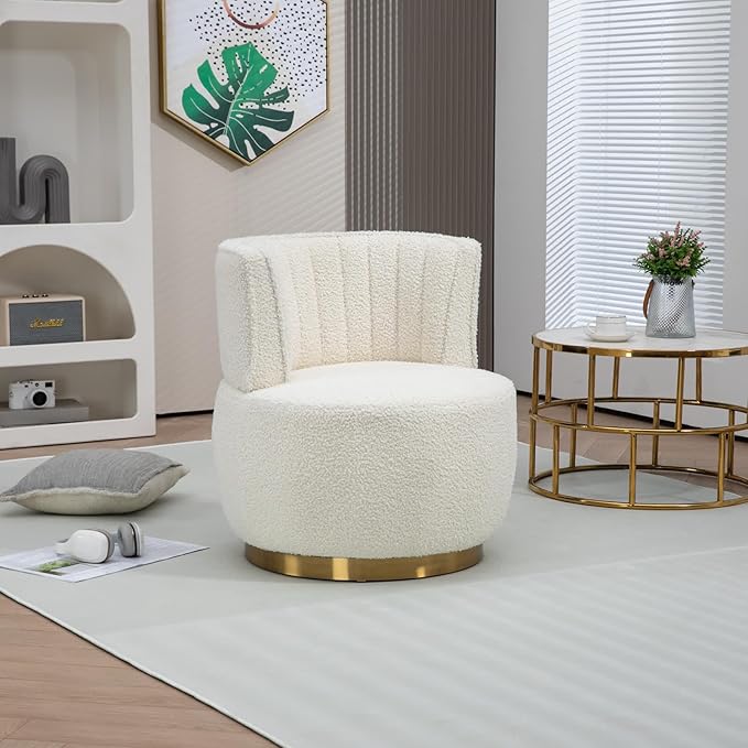Swivel Barrel Chair White Teddy Modern Accent Chair Round Upholstered Comfy Side Chair Sherpa Chair with Gold Base for Nursery Living Room Bedroom Office Waiting Room Hotel White