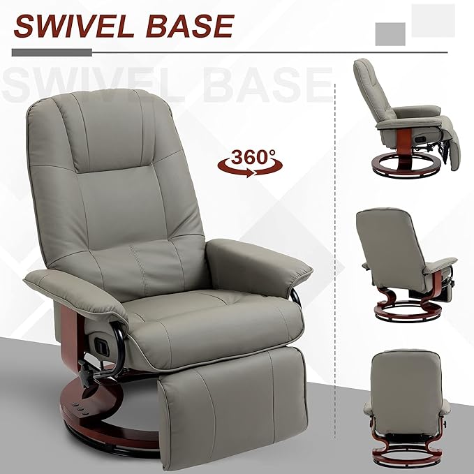 Faux Leather Manual Recliner Adjustable Swivel Lounge Chair with Footrest Armrest and Wrapped Wood Base for Living RoomBedroomMax Reclining 145° (Gray)