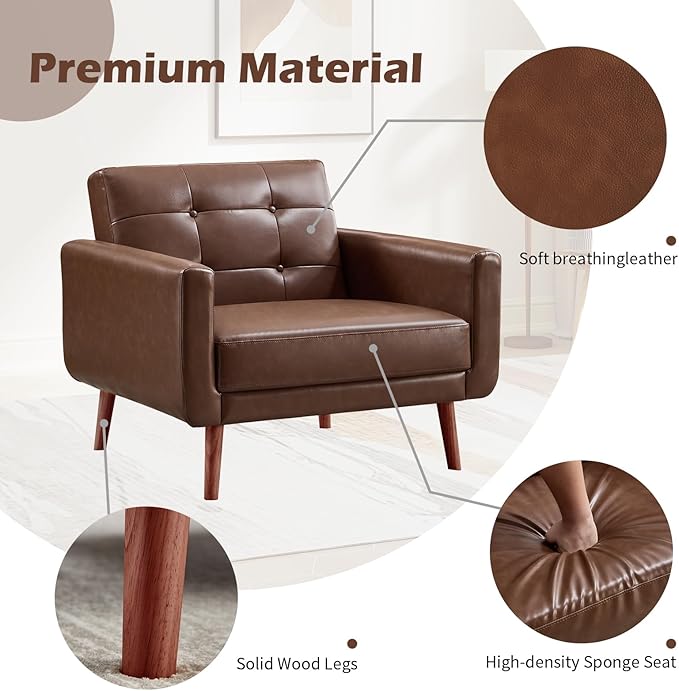 CANMOV 29 W Oversized Leather Accent Chair Set of 2 Mid Century Modern Accent Chairs Armchair Button Back for Living Room Modern Upholstered Bedroom Chair Cozy Armchair with Wood Legs Brown