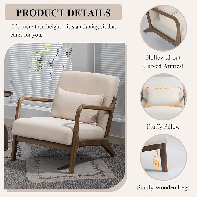 Minimalist Accent Chair Velvet Upholstered Mid-Century Modern Chair with Pillow Lounge Arm Chair with High Backrest Comfy Reading Chair for Living Room Balcony (White-Light Brown)