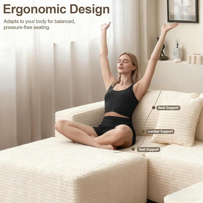 110 Corduroy Boneless Modular Sectional Sofa Cloud Couch with Memory Foam Deep Seats U-Shaped Couches for Living Room Bedroom and Apartment No Assembly Required Beige