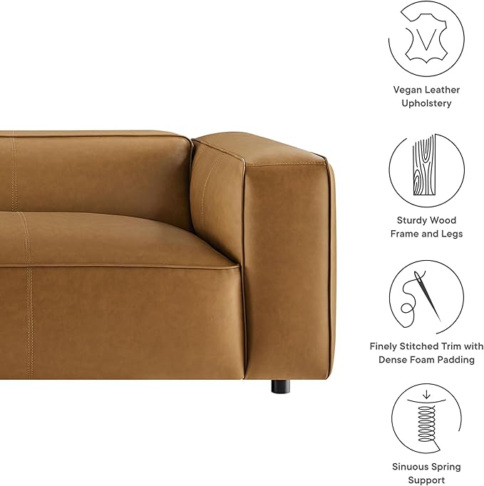 Modway Auren Vegan Leather Sofa in Camel - Faux Leather 3 Seater Couch - 88 Inch Comfy Modern PU Leather Sofa - Oversized Mid Century Modern Couch for Living Room Apartment Loft