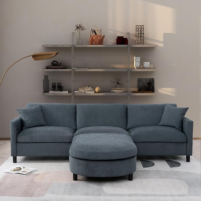 kevinplus 107.87'' Sectional Sofa Couch with Curved Convertible Ottoman for Living Room Modern 3-Seat L-Shaped Upholstered Sectional Couch Sofa for Apartment Polyester Fabric Gray