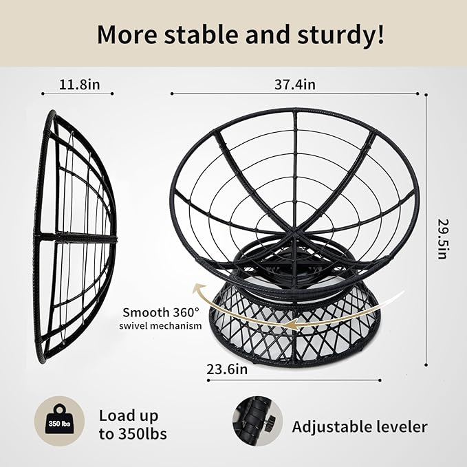 360° Swivel Papasan Chair - 350lbs Capacity Indoor/Outdoor Wicker Lounge Chair with Thick Cushion Modern Accent Chair for Living Room Bedroom Patio