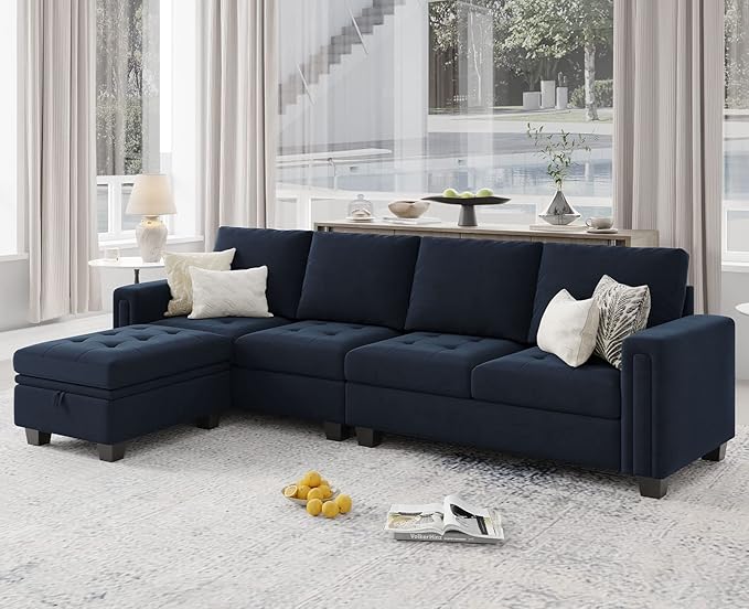 Belffin Velvet Reversible Sectional Sofa with Chaise Convertible L Shaped 4-seat Sectional Couch with Storage Ottoman Blue