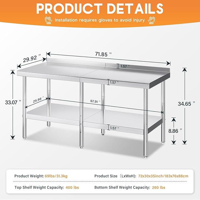 Jocisland 30 x 72 Stainless Steel Table for Prep &amp Work NSF Certified with Backsplash Adjustable Under Shelf &amp Safe Design for Restaurant Home and Outdoor