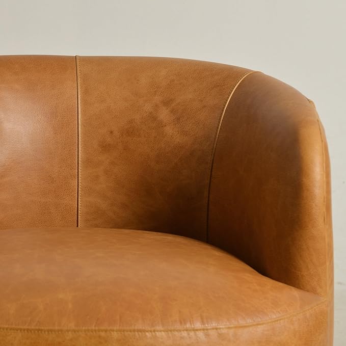 KINWELL 33'' W 100% Top Grain Genuine Leather Swivel Barrel Armchair No Assembly Round Upholstered Leather Swivel Accent Chairs with Toss Pillow for Living Room Office Lounge Camel