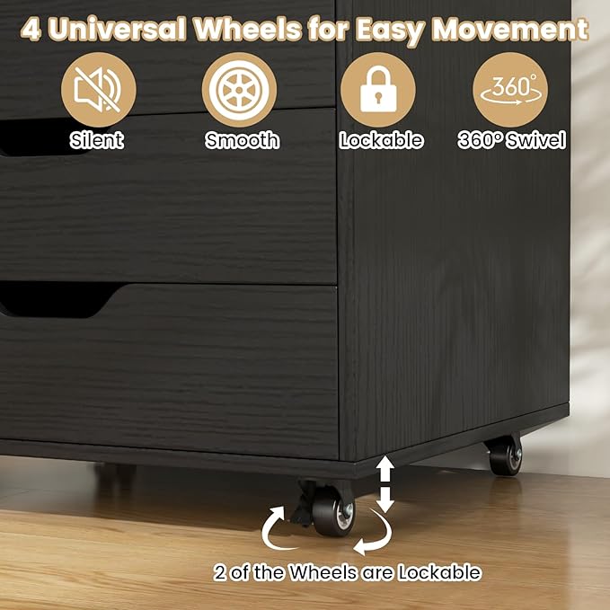 File Cabinet Mobile Filing Cabinet w/Universal Wheels &amp 5 Drawers Wood Printer Stand with Storage Rolling File Cabinets for Home Office Living Room Bedroom (Black 5 Drawers)