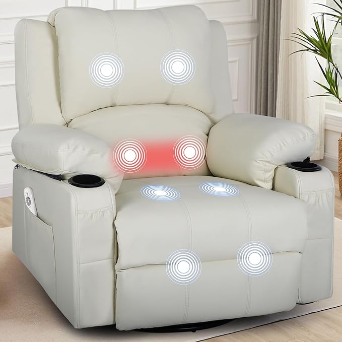 Rocking Recliner Chair with Heat and Massage Overstuffed PU Leather Recliners for Living Room Modern Single Rocking Chair for Adults Manual Swivel Rocker Recliner with Cup Holders Cream White
