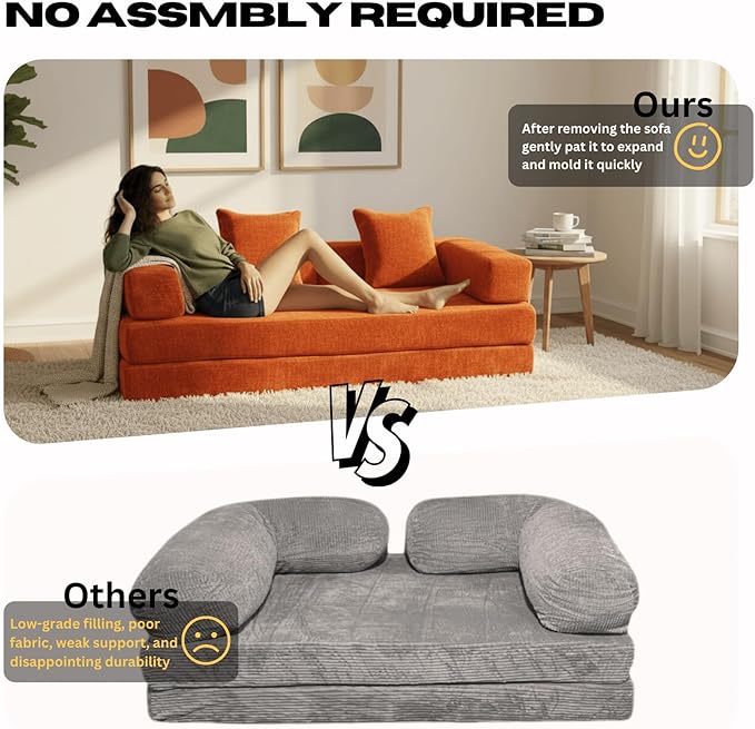 Alpen Futon Sofa Bed Full Size 4-in-1 Sleeper Sofas with L-Shaped Armrests Small Sofa Bed Couch for Small Spaces Loveseat Sleeper for Living Room Bedroom Chenille Orange